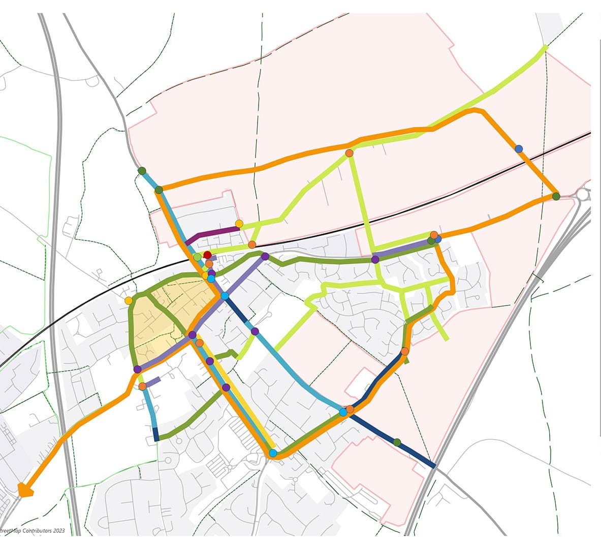 A map showing proposals for a range of transport related interventions in the town of Baldock in Hertfordshire. The interventions help to connect four development sites with the existing town, and include measures such as bus routes, shuttle working systems, low-traffic streets, active travel corridors and traffic calming. Each intervention is shown by a different coloured line or point on the map.